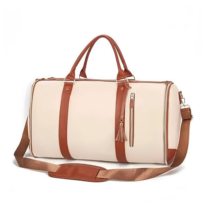 White 56-75L Large Capacity Foldable Garment Duffel Bag with Shoe Pouch - PU Leather Convertible Suit Carrier, Anti-Wrinkle Travel & Weekender Bag
