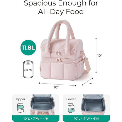 Pink Double-Layer Insulated Quilted Puffer Lunch Bag(10 x 7 x 10 inch) - Large Capacity Picnic Cooler Tote, Long-Lasting Hot/Cold Retention