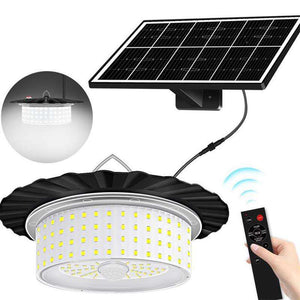 244 LED Solar Motion Sensor Pendant Light - IP65 Waterproof Barn/Patio Light with 4 Remote Modes and High Lumen Output