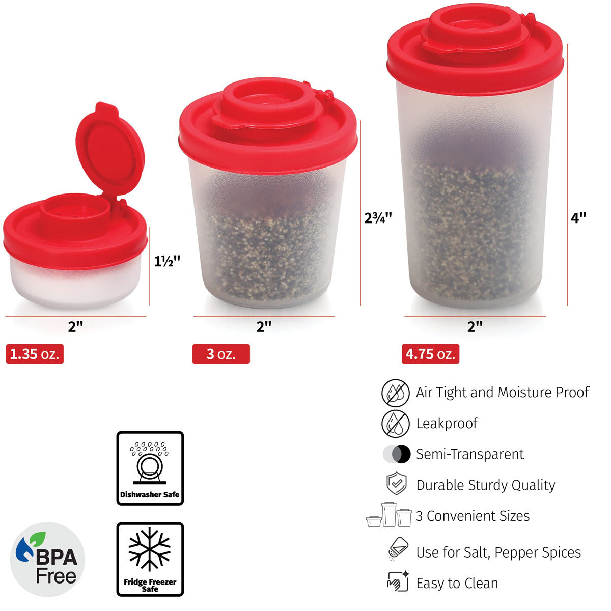 Mini Compact Spice Shaker Set(1 Small + 1 Medium + 1 Large) - Transparent Salt and Pepper Dispensers for Camping, Picnic & Outdoor Grilling