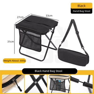 Black Foldable Compact Handbag With Stool -  Ultralight Travel Seat with Storage Pockets for Fishing, Hiking & Outdoor Activities