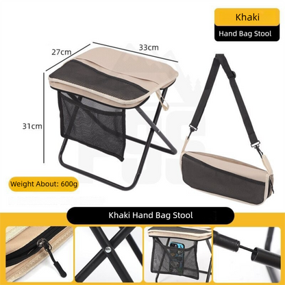 Khaki Foldable Compact Handbag With Stool -  Ultralight Travel Seat with Storage Pockets for Fishing, Hiking & Outdoor Activities