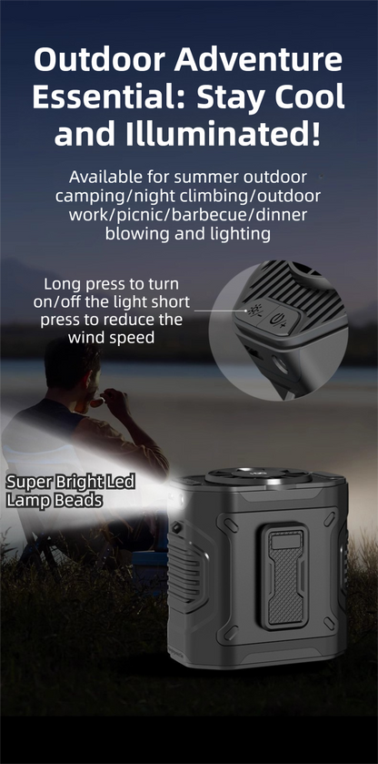 Black Portable Waist Fan - Construction Site Cooling Solution with 360° Turbo Ice Engine, 100 Speed Gears, and LED Light