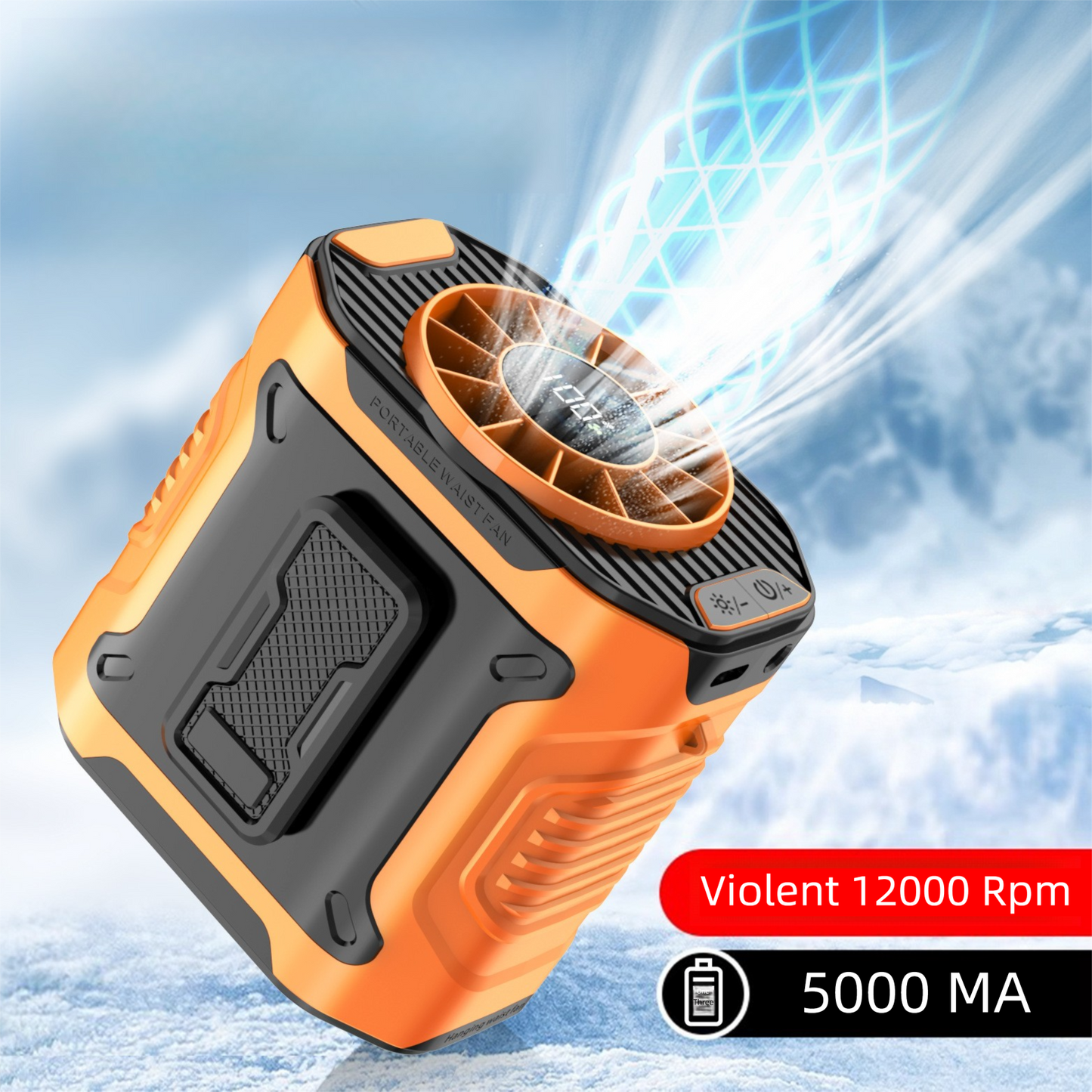 Orange Portable Waist Fan - Construction Site Cooling Solution with 360° Turbo Ice Engine, 100 Speed Gears, and LED Light - Factory Direct Shop