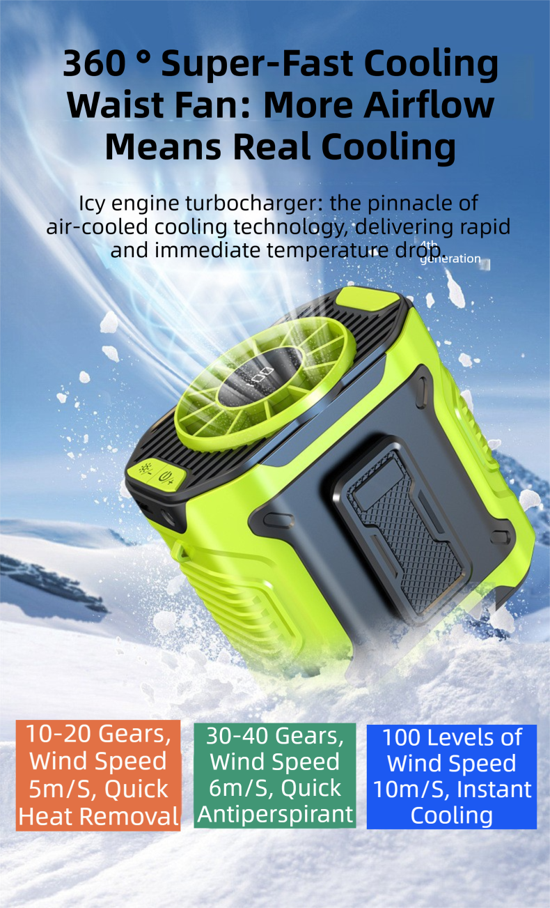 Orange Portable Waist Fan - Construction Site Cooling Solution with 360° Turbo Ice Engine, 100 Speed Gears, and LED Light - Factory Direct Shop