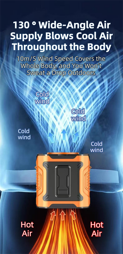 Orange Portable Waist Fan - Construction Site Cooling Solution with 360° Turbo Ice Engine, 100 Speed Gears, and LED Light - Factory Direct Shop