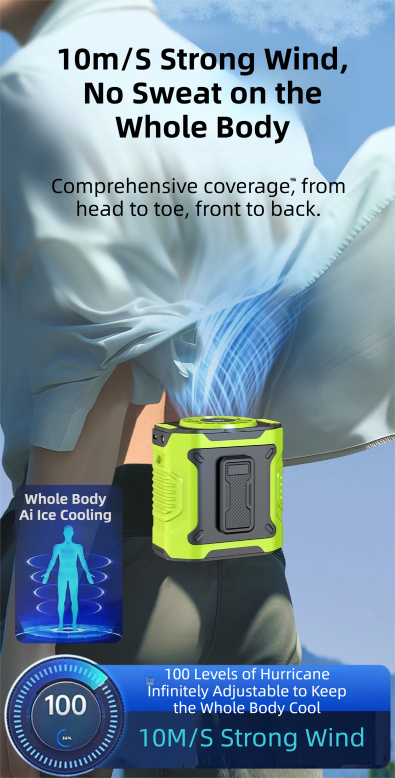 Orange Portable Waist Fan - Construction Site Cooling Solution with 360° Turbo Ice Engine, 100 Speed Gears, and LED Light - Factory Direct Shop