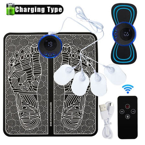 EMS Foot Massager Mat With Neck Patch + 4 Adhesive Pads + Remote Control  - Pulse Device for Foot Reflexology, Deep Tissue Massage and Acupressure Stimulation