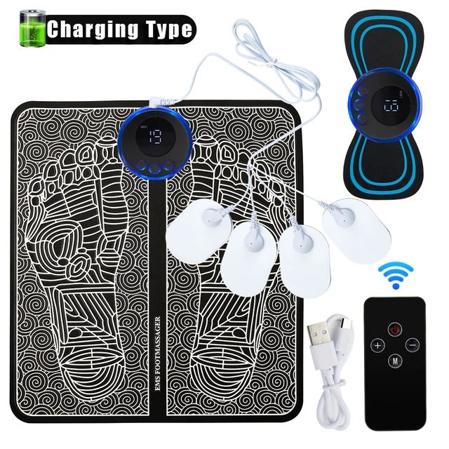 EMS Foot Massager Mat With Neck Patch + 4 Adhesive Pads + Remote Control  - Pulse Device for Foot Reflexology, Deep Tissue Massage and Acupressure Stimulation