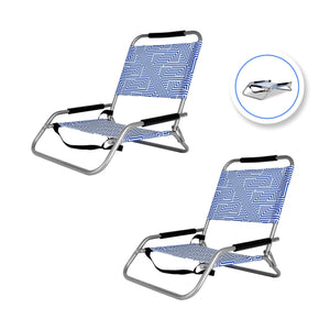 Two blue and white patterned folding beach chairs on a white background