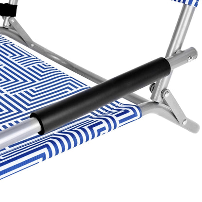 Close-up of a folding chair with blue and white striped fabric and metal frame.