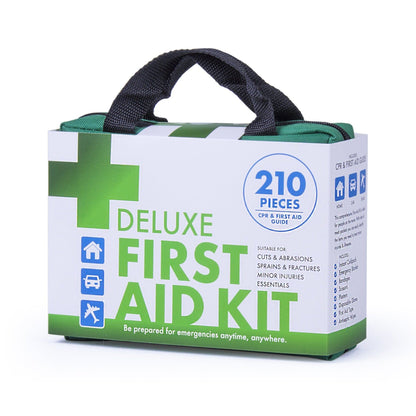 A green and white deluxe first aid kit with a black carrying handle, labeled as containing 210 pieces.