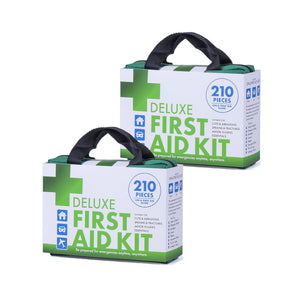 Two white first aid kits labeled 'Deluxe First Aid Kit' with green crosses and black carrying handles.