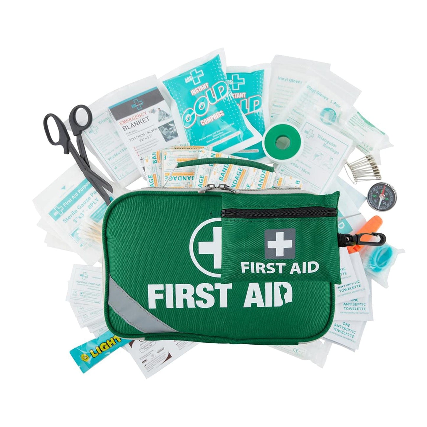 A green first aid kit with the words 'FIRST AID' printed on the front, opened to display its contents including bandages, antiseptic wipes, and other first aid items.