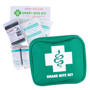 A Snake Bite Emergency First Aid Kit which includes bandages, gauze swabs, an emergency blanket, instructions sheet, marker, and a green zip-up carry case with snake bite kit label.