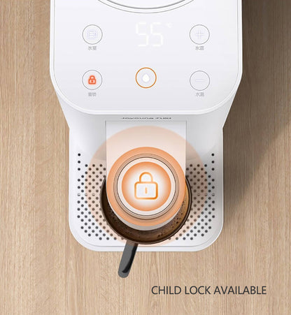 White electronic device with a lock icon on a wooden surface, featuring a child lock feature.