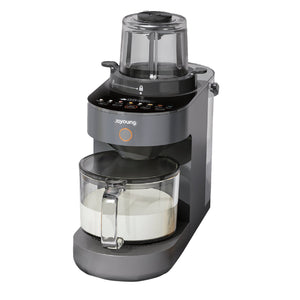 Gray coffee maker with clear glass carafe on a white background