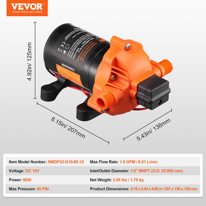 Diaphragm Pump 1.8GPM 6.81 L/min 3-Chamber Water Pump Pressure Switch