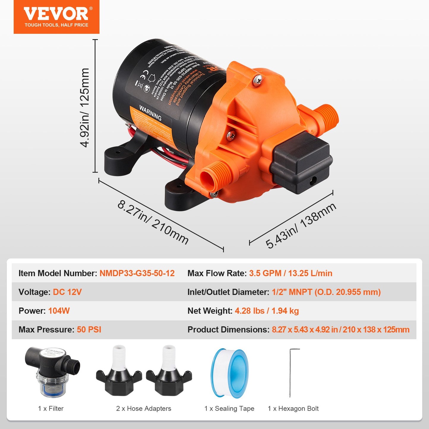 Diaphragm Pump 3.5GPM 13.25L/min 3-Chamber Water Pump Pressure Switch