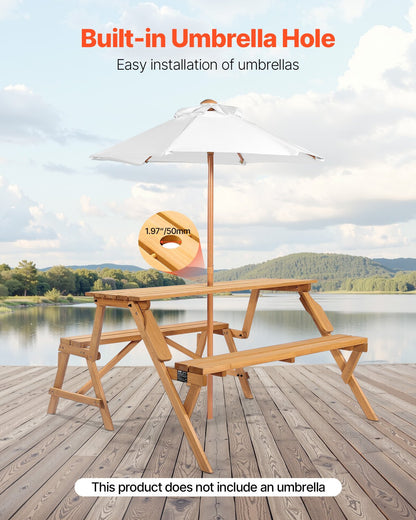 VEVOR 2-in-1 Transforming Interchangeable Picnic Table, Outdoor Wooden Table and Bench Set, Portable Foldable Bench with Umbrella Hole, Patio Dining Furniture for Garden, Backyard, Porch (Brown)