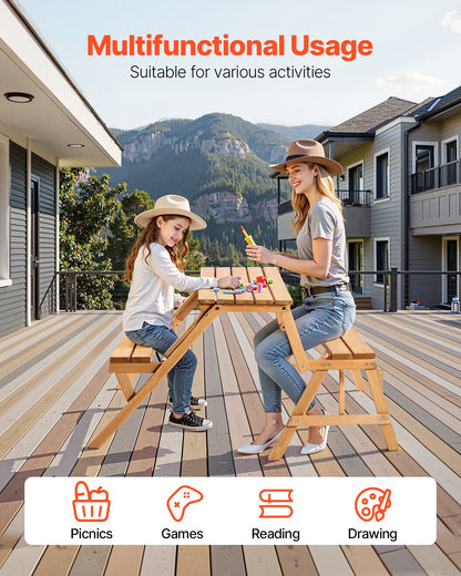 VEVOR 2-in-1 Transforming Interchangeable Picnic Table, Outdoor Wooden Table and Bench Set, Portable Foldable Bench with Umbrella Hole, Patio Dining Furniture for Garden, Backyard, Porch (Brown)