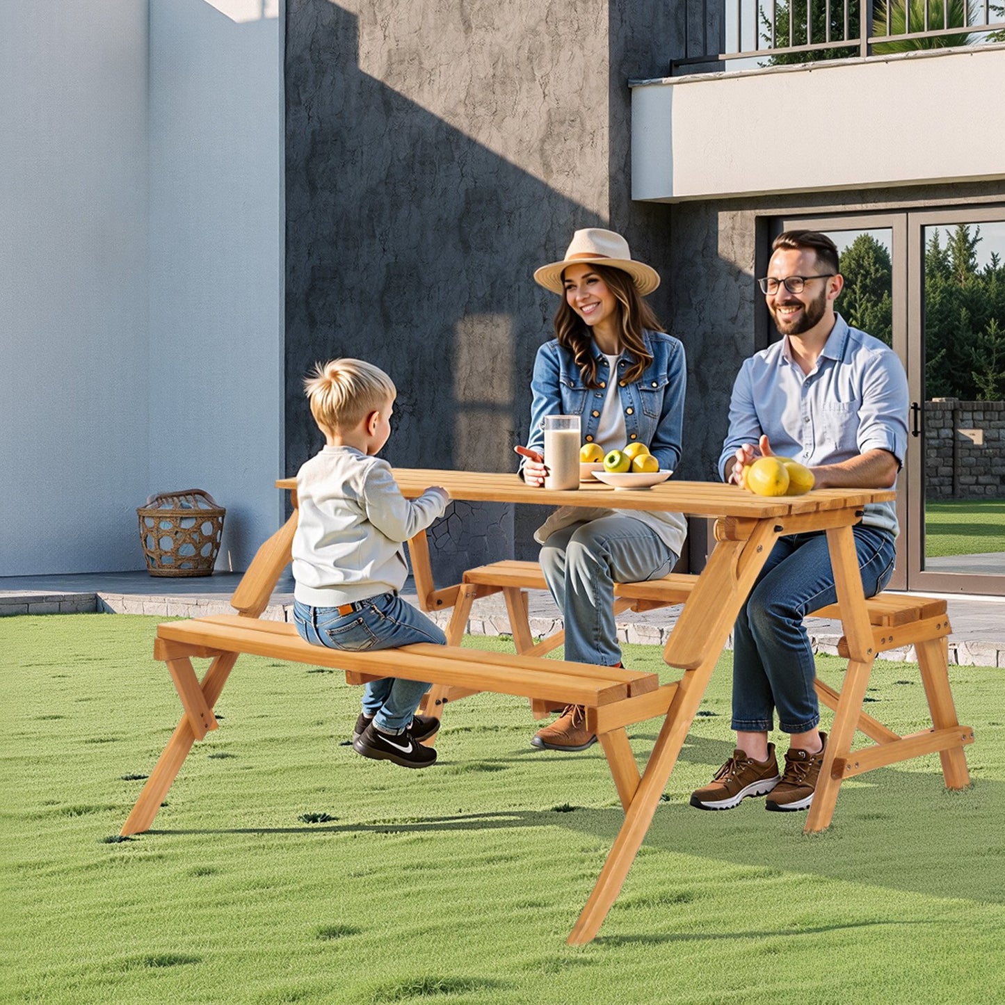 VEVOR 2-in-1 Transforming Interchangeable Picnic Table, Outdoor Wooden Table and Bench Set, Portable Foldable Bench with Umbrella Hole, Patio Dining Furniture for Garden, Backyard, Porch (Brown)