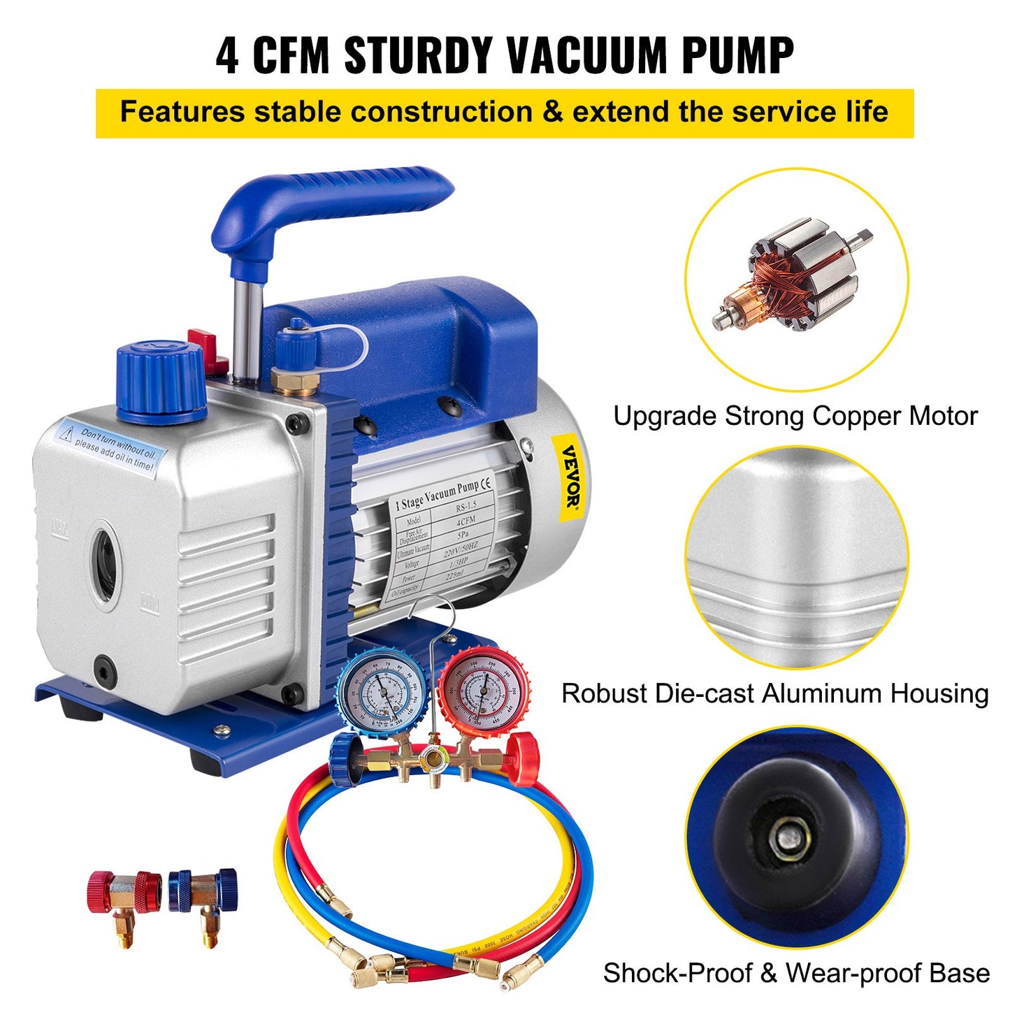 4CFM 1/4HP Rotary Vane Vacuum Pump + R134AManifold Gauge Tester Charging +Hose