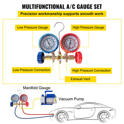 4CFM 1/4HP Rotary Vane Vacuum Pump + R134AManifold Gauge Tester Charging +Hose