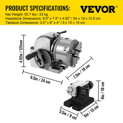 BS-0 Dividing Head 5 Inch, Precision Dividing Head Set with 5" 3-jaw Chuck & Tailstock Dividing Plates for Milling Machine