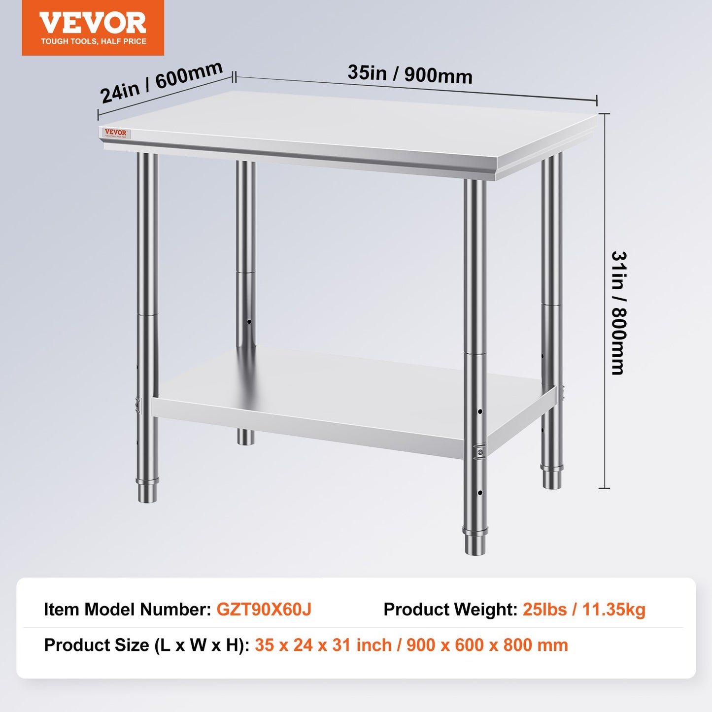 910x610mm Stainless Steel Kitchen Bench Commercial Work Food Prep Table