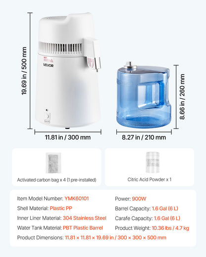 6L Water Distiller Home Countertop Purifier Machine 900W Plastic Container