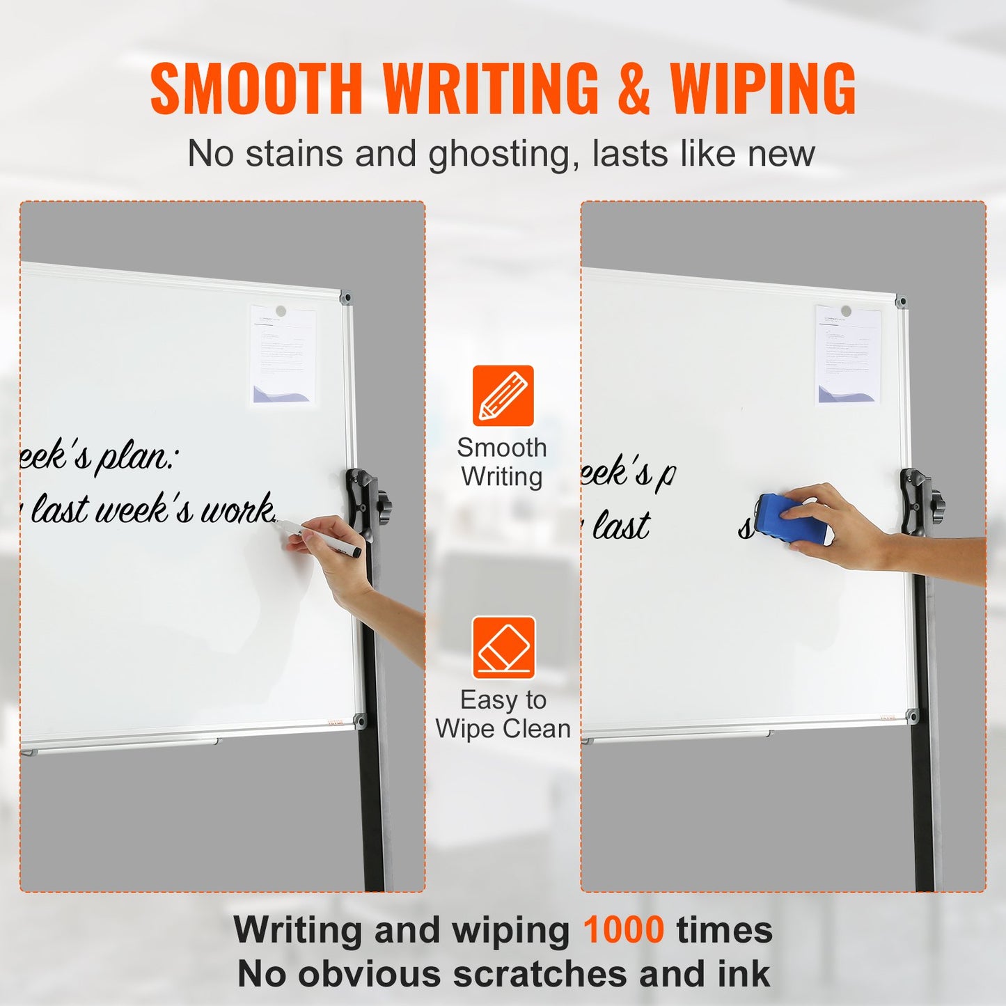 91.5x61cm Rolling Magnetic Whiteboard, Double-sided Mobile Whiteboard, Adjustable Height Dry Erase Board with Wheels, 1 Magnetic Erase & 3 Dry Erase Markers & Movable Tray Office, School