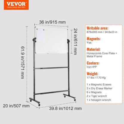 91.5x61cm Rolling Magnetic Whiteboard, Double-sided Mobile Whiteboard, Adjustable Height Dry Erase Board with Wheels, 1 Magnetic Erase & 3 Dry Erase Markers & Movable Tray Office, School