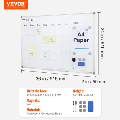 Magnetic Whiteboard Dry Erase Board 36" x 24" Wall Mounted for Office