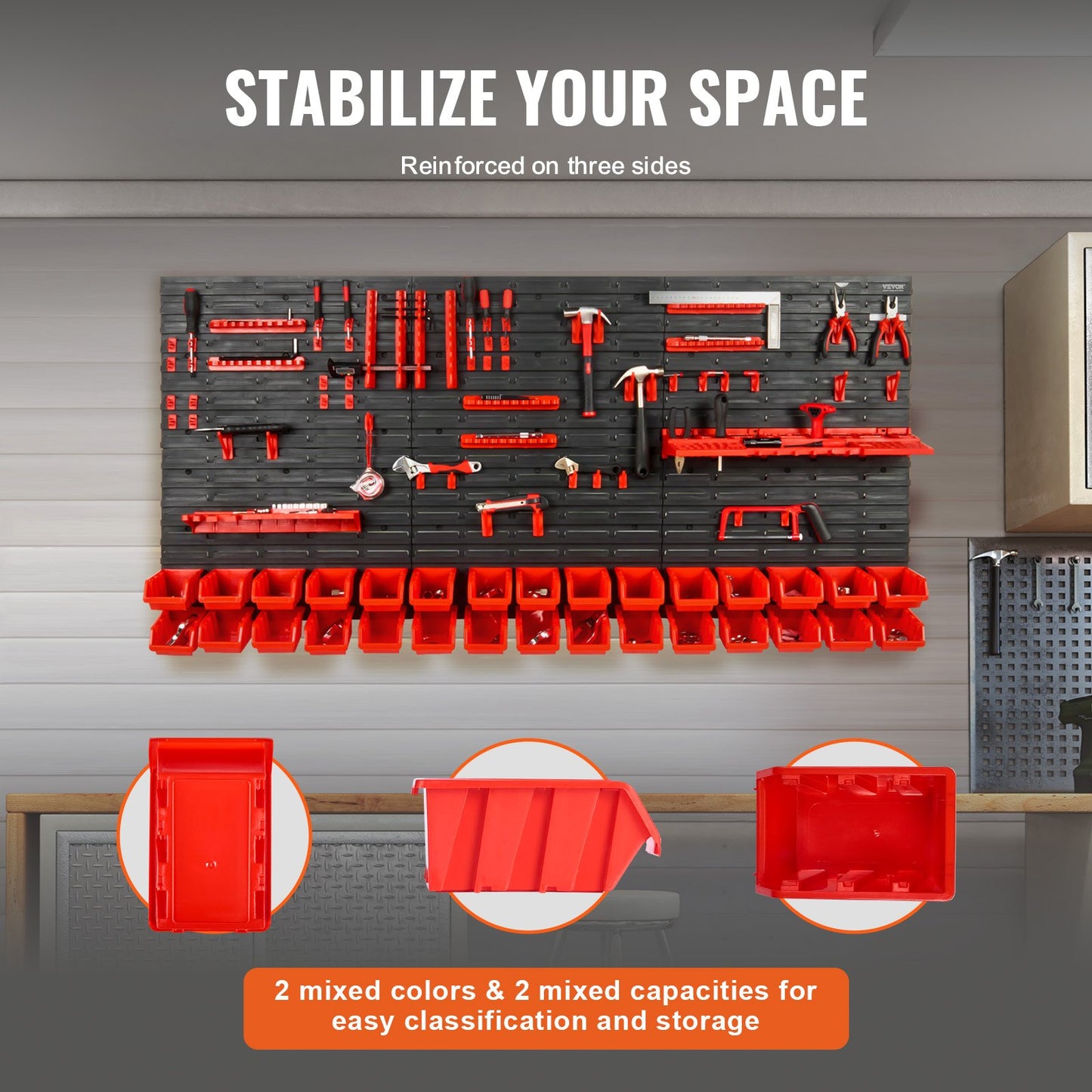 Wall Mounted Storage Bins, 30-Bin Parts Rack Organizer Garage Plastic Shop Tool with Wall Panels/Tool Holders/Hooks, Tool Organizer for Nuts, Bolts, Screws, Nails, Beads, Buttons, Black and Red