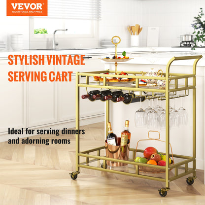 2 Tiers Gold Metal Bar Serving Cart with Wine Rack Glass Holder 120 LBS