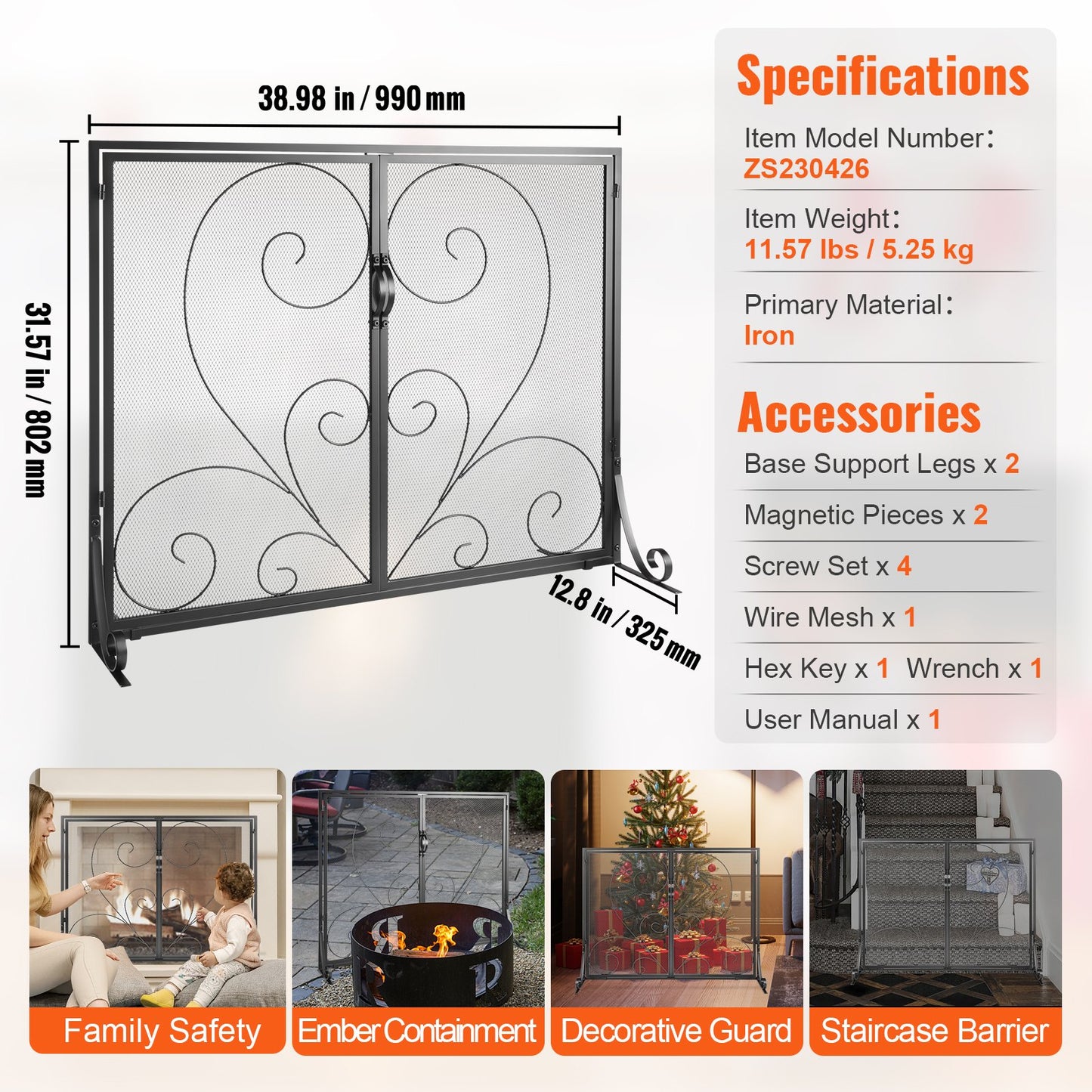 990x802MM Fireplace Screen 2-Panel Iron Mesh Spark Guard Vintage Black