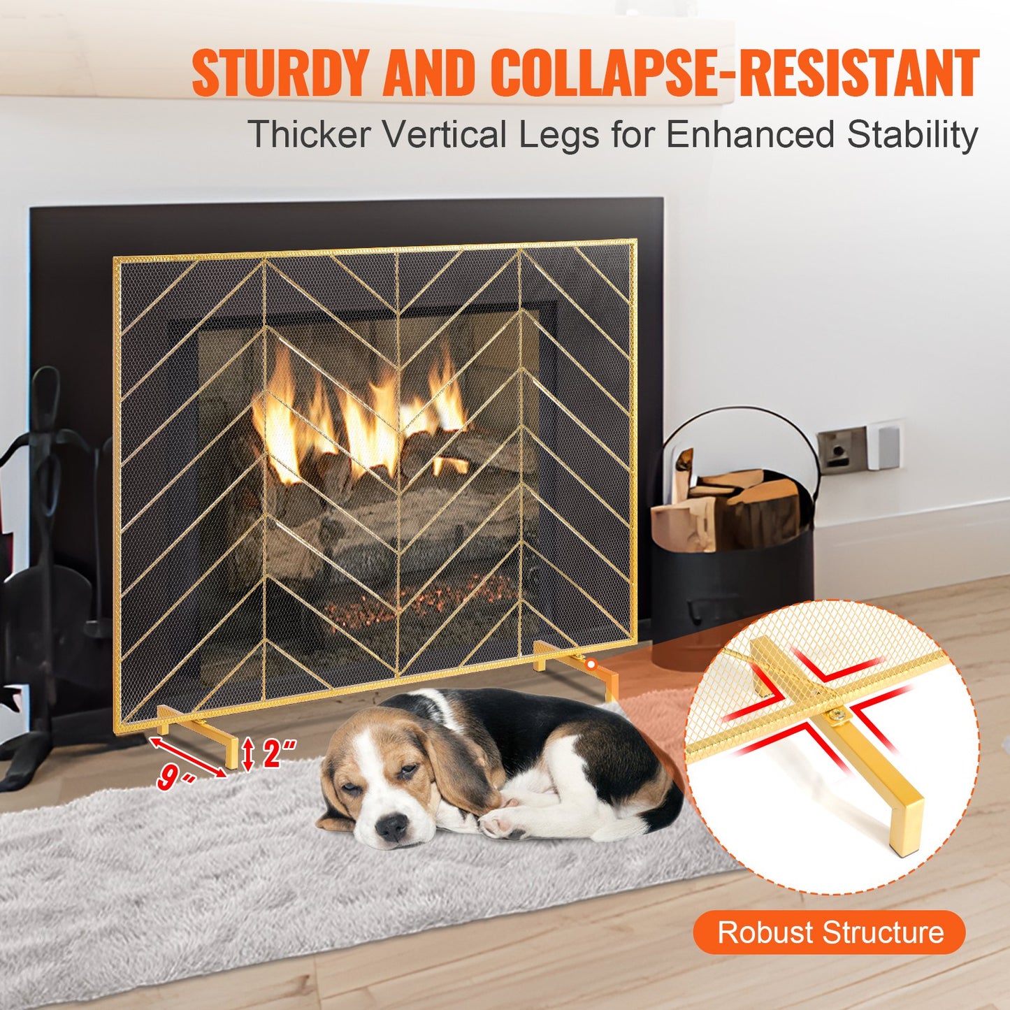 980x758MM Fireplace Screen 1-Panel Iron Mesh Spark Guard Modern Gold