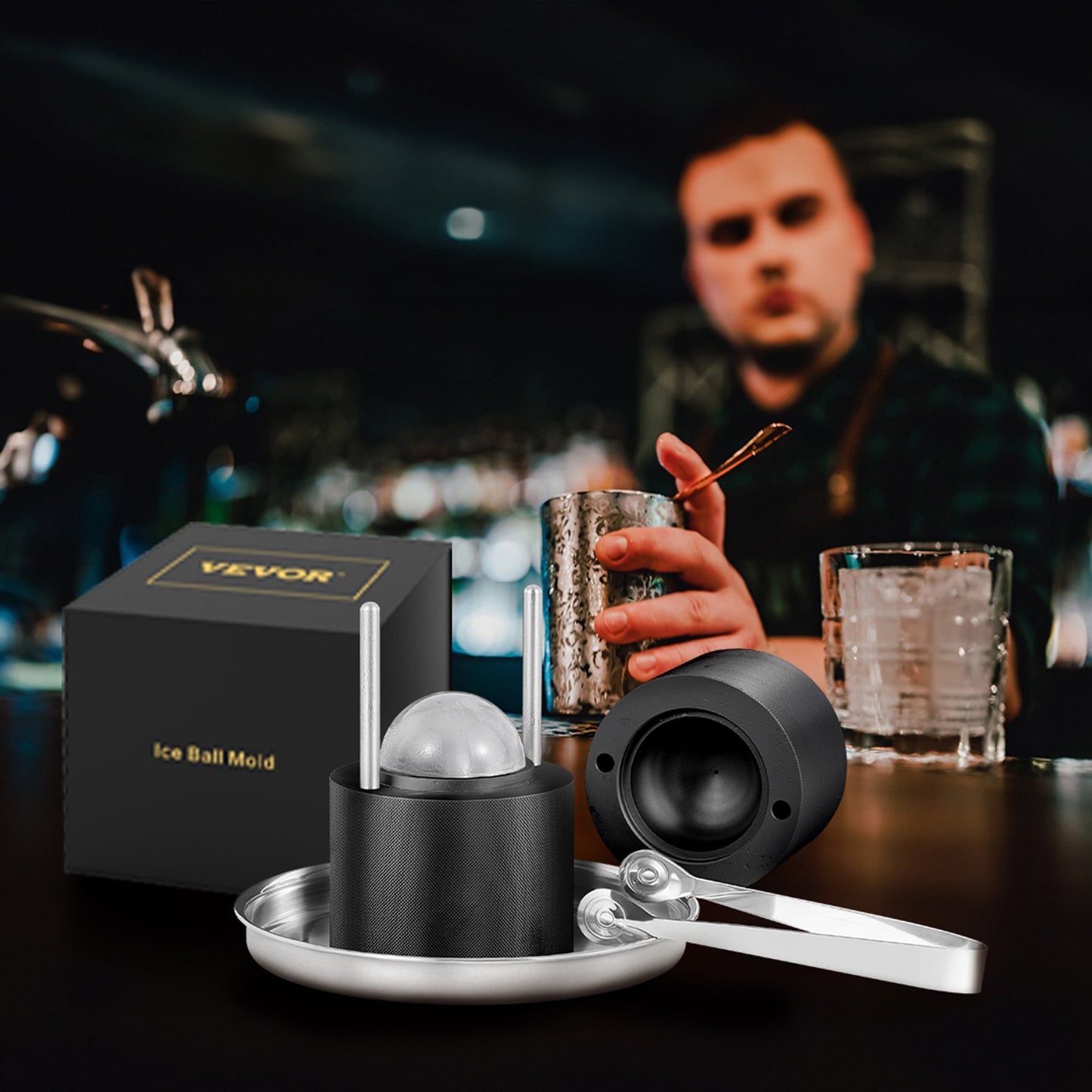 Ice Ball Press, 6cm Ice Ball Maker, Aircraft Al Alloy Ice Ball Press Kit for 60mm Ice Sphere, Ice Press with Tong and Drip Tray, for Whiskey, Cocktail, Bourbon, Scot on Party & Holiday, Black