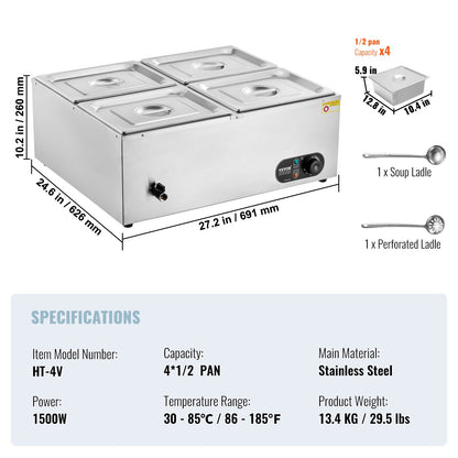 Commercial Electric Food Warmer Countertop Buffet 4*12 Qt Pan Bain Marie