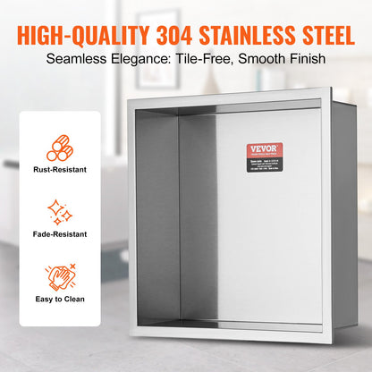 33.02 x 33.02 cm No Tile Shower Niche 304 Stainless Steel, Wall-Inserted Niche Recessed Double Shelves, Sealed Waterproof Rust-Resistant Modern Niche for Shower Bathroom Soap Storage, Silver