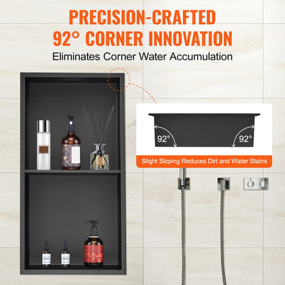 33.02 x 63.5 cm No Tile Shower Niche 304 Stainless Steel, Wall-Inserted Niche Recessed Double Shelves, Sealed Waterproof Rust-Resistant Modern Niche for Shower or Soap Storage Bathroom