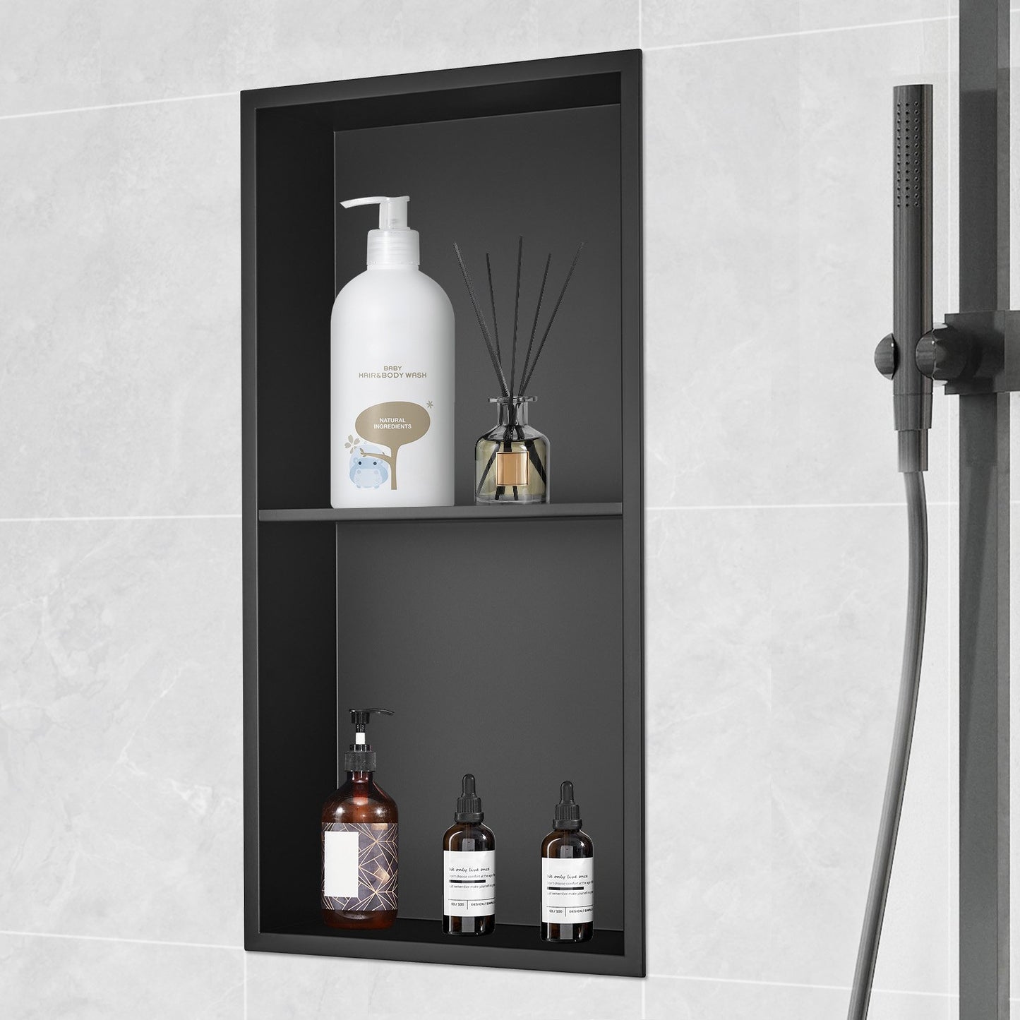 33.02 x 63.5 cm No Tile Shower Niche 304 Stainless Steel, Wall-Inserted Niche Recessed Double Shelves, Sealed Waterproof Rust-Resistant Modern Niche for Shower or Soap Storage Bathroom