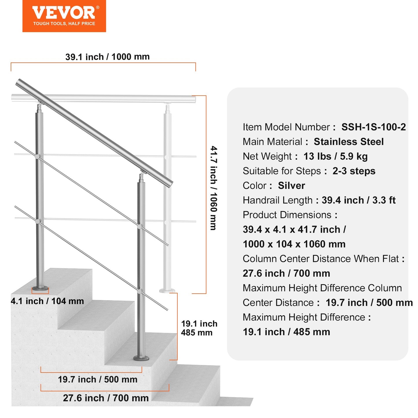 39.4in Handrails for Outdoor Steps 2 Crossbars Staircase for Porch Deck