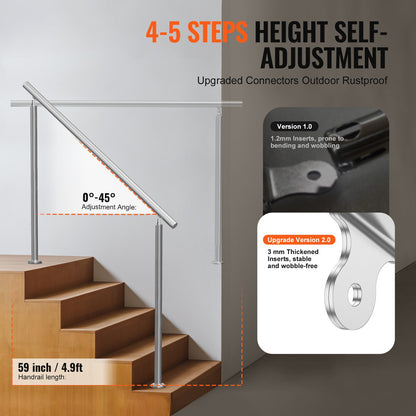 Handrails for Outdoor Steps, 59 in/ 150cm Length Stair Hand Rail Kit, Transitional Stainless Steel Railings with Installation Kit, Double-column Staircase Handrails for Seniors,Porch & Deck