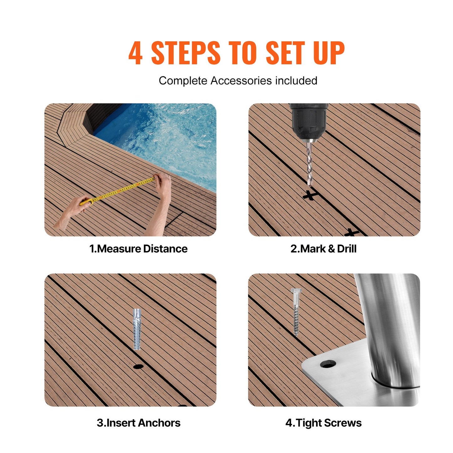 Pool Handrail 39 x 32 inch Stainless Steel with Base Plate for Spas