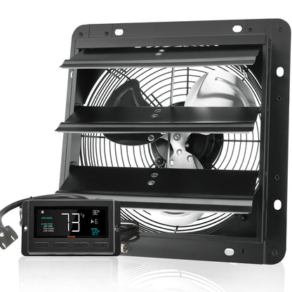 Shutter Exhaust Fan, 254mm / 10inch with Temperature Humidity Controller, EC-motor, 843 CFM, Variable Speed Adjustable Wall Mount Attic Fan, Ventilation and Cooling for Greenhouses, Garages, Sheds