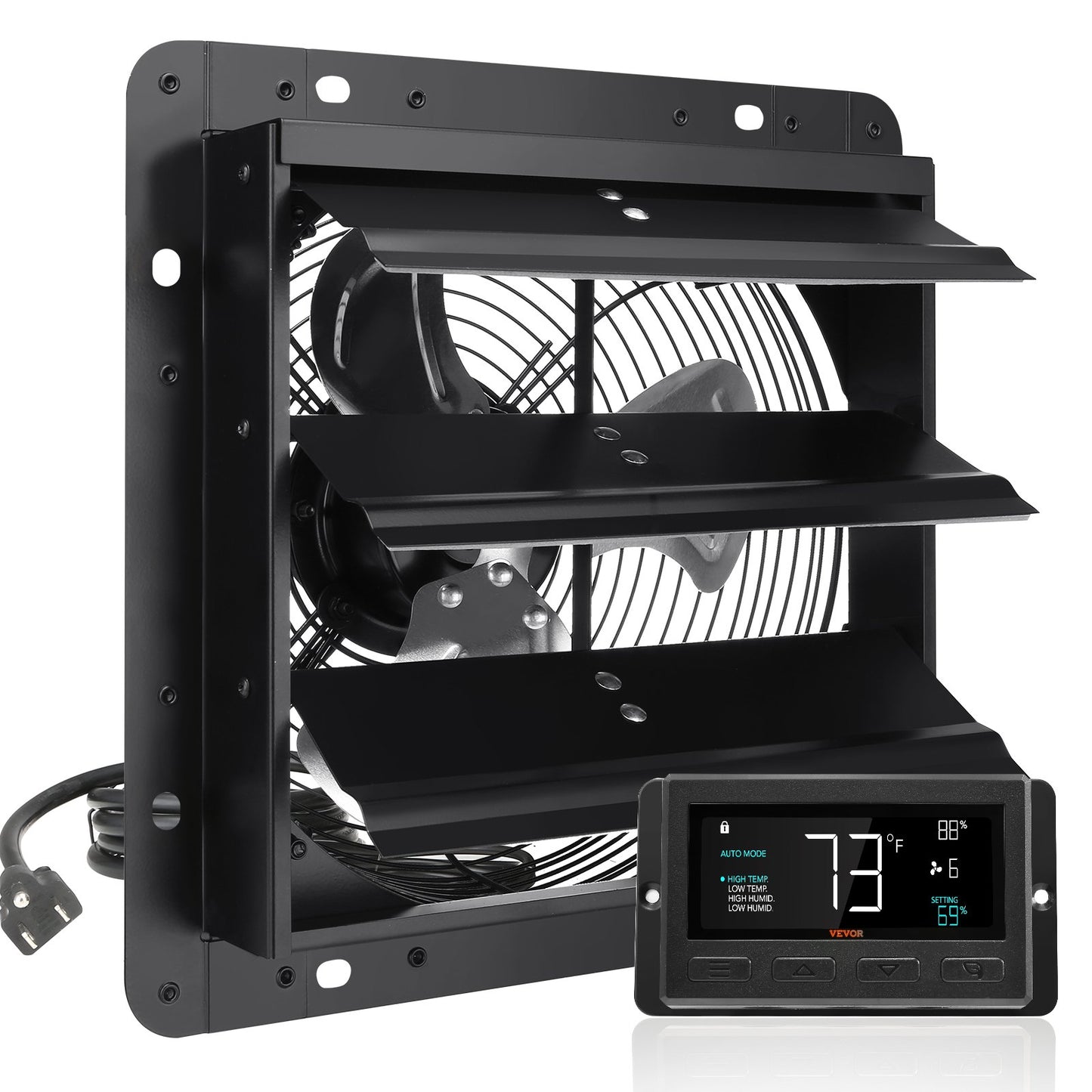 Shutter Exhaust Fan, 254mm / 10inch with Temperature Humidity Controller, EC-motor, 843 CFM, Variable Speed Adjustable Wall Mount Attic Fan, Ventilation and Cooling for Greenhouses, Garages, Sheds