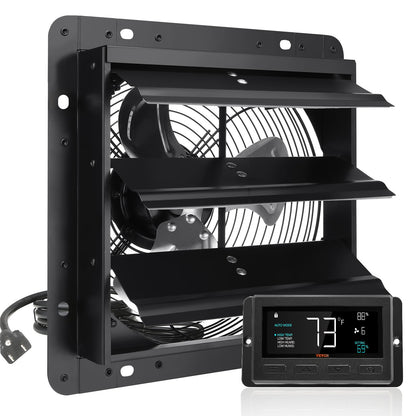 Shutter Exhaust Fan, 254mm / 10inch with Temperature Humidity Controller, EC-motor, 843 CFM, Variable Speed Adjustable Wall Mount Attic Fan, Ventilation and Cooling for Greenhouses, Garages, Sheds