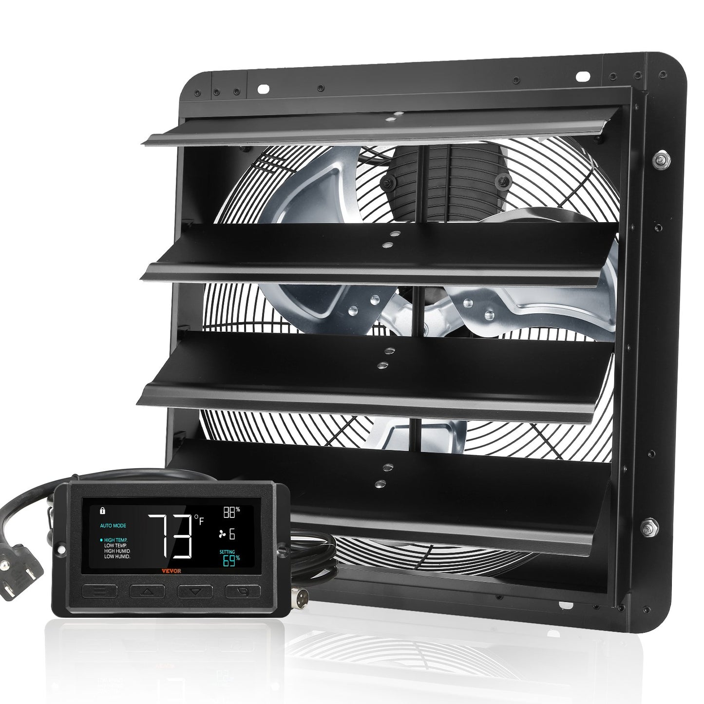 Shutter Exhaust Fan, 406 mm /16inch with Temperature Humidity Controller, EC-motor, 1747 CFM, Variable Speed Adjustable Wall Mount Attic Fan, Ventilation and Cooling for Greenhouses, Garages, Sheds